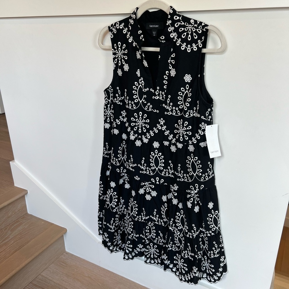 Karen Kane Eyelet Embroidered Sleeveless Tiered Cotton Dress Black and White XS - Picture 9 of 16